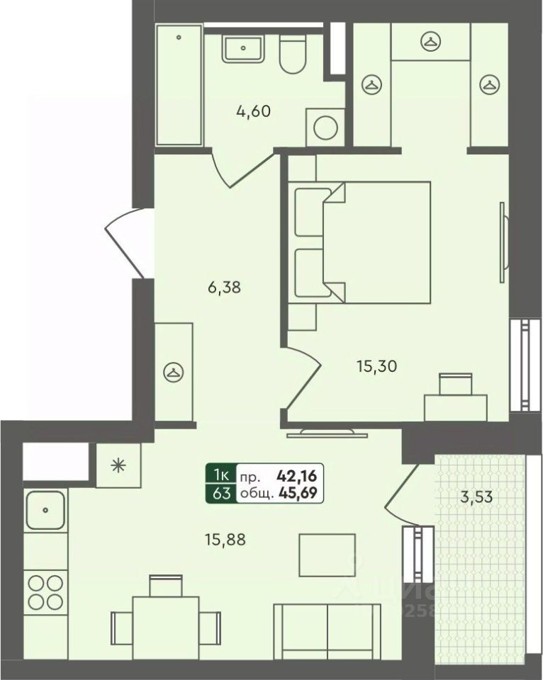 1-комн.кв., 45,7 м², 7/7 этаж