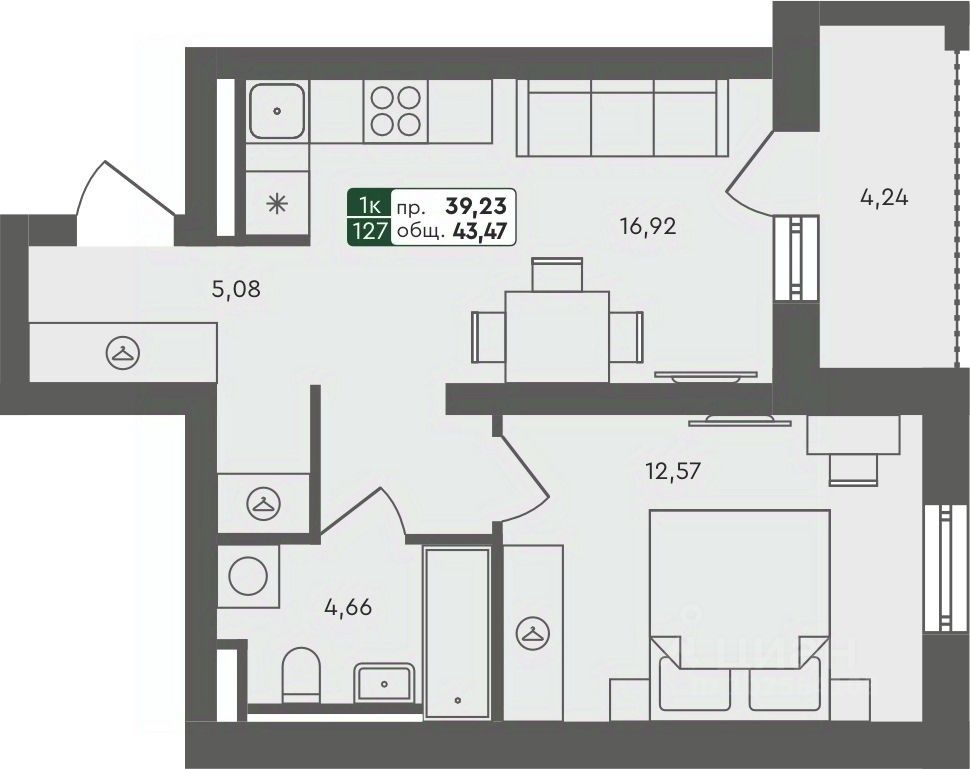 1-комн.кв., 43,5 м², 1/7 этаж