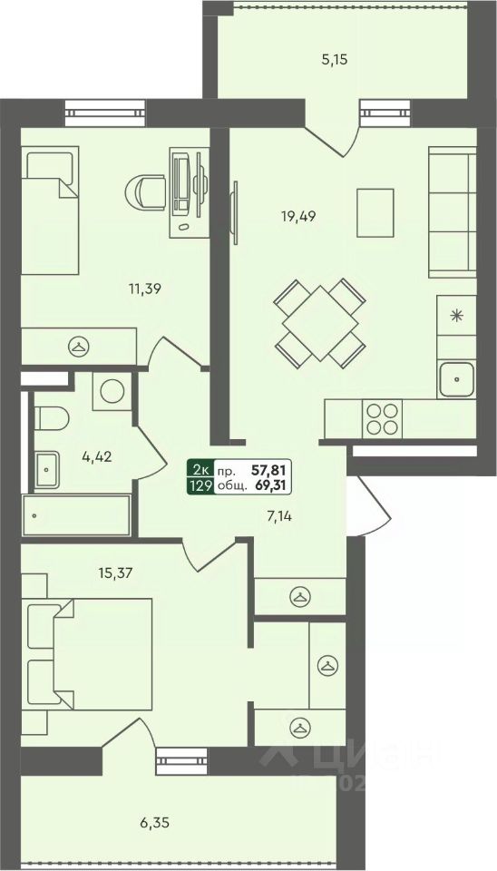 2-комн.кв., 69,3 м², 5/7 этаж