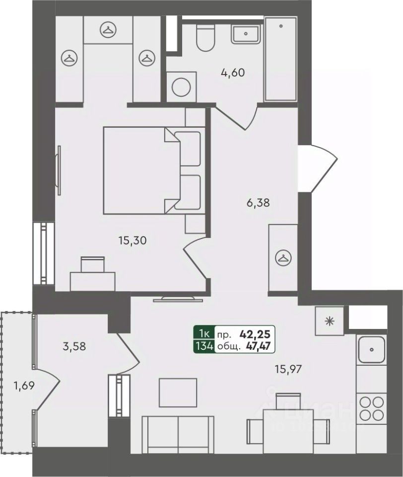 1-комн.кв., 47,5 м², 2/7 этаж