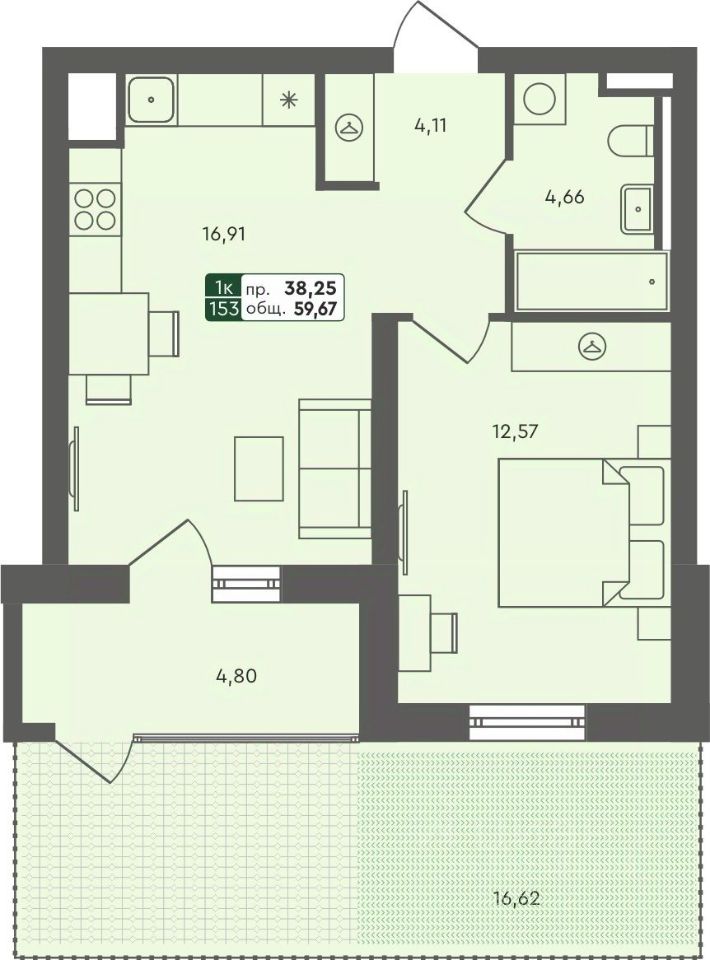 1-комн.кв., 59,7 м², 1/7 этаж