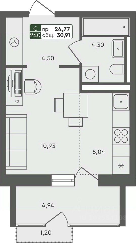 Студия, 30,9 м², 5/7 этаж