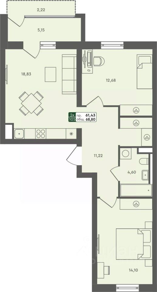 2-комн.кв., 68,8 м², 3/7 этаж