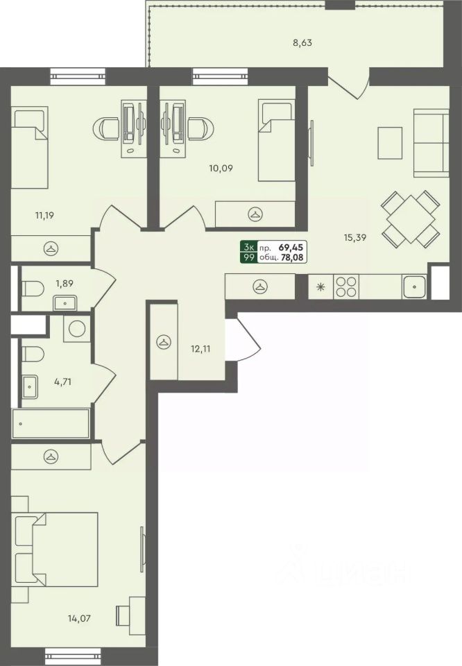 3-комн.кв., 78,1 м², 6/7 этаж