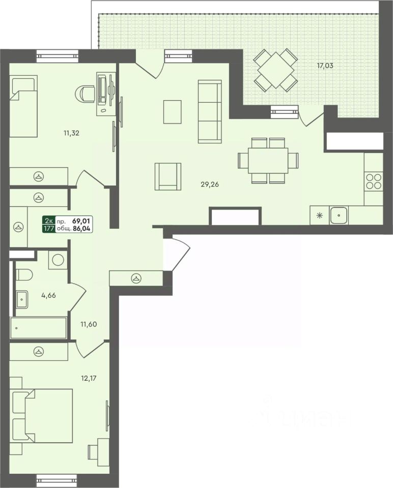 2-комн.кв., 86 м², 5/7 этаж