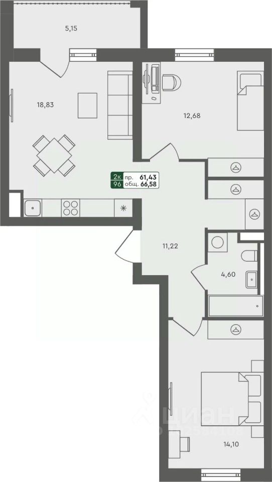 2-комн.кв., 66,6 м², 7/7 этаж