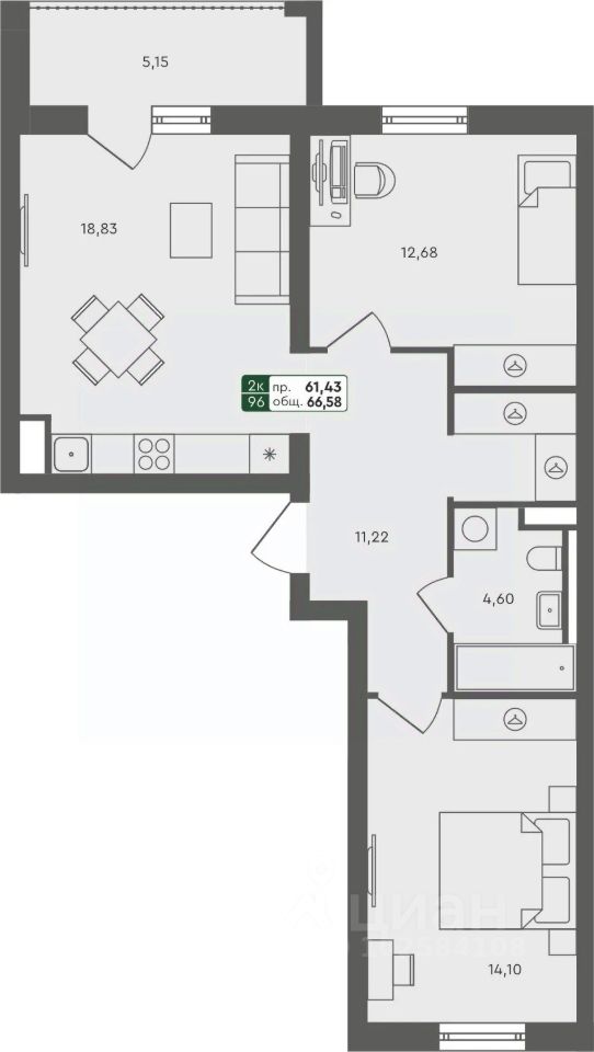 2-комн.кв., 66,6 м², 6/7 этаж