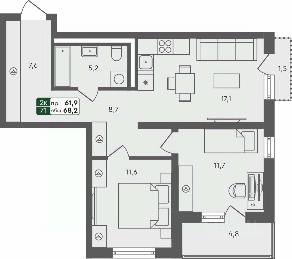 2-комн.кв., 68,2 м², 2/4 этаж