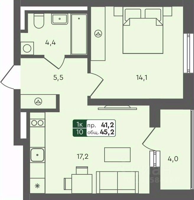 1-комн.кв., 45,2 м², 4/4 этаж