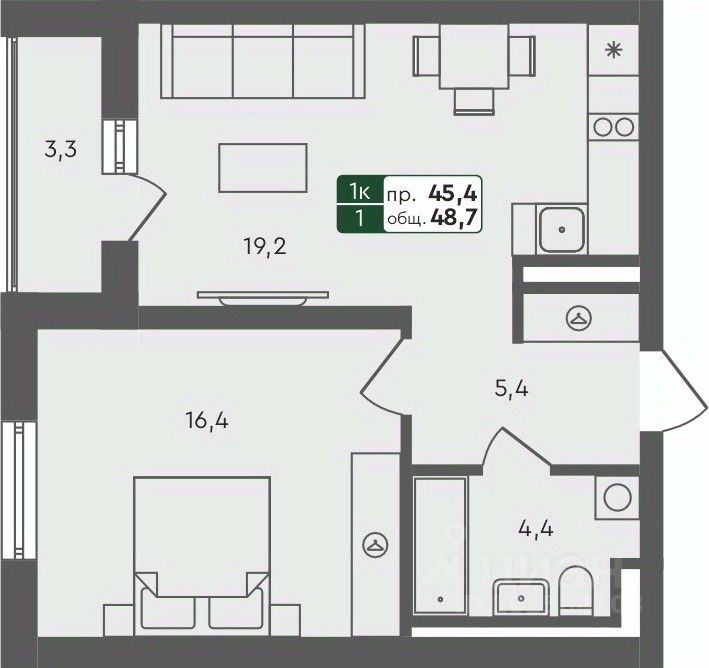 1-комн.кв., 48,7 м², 4/4 этаж