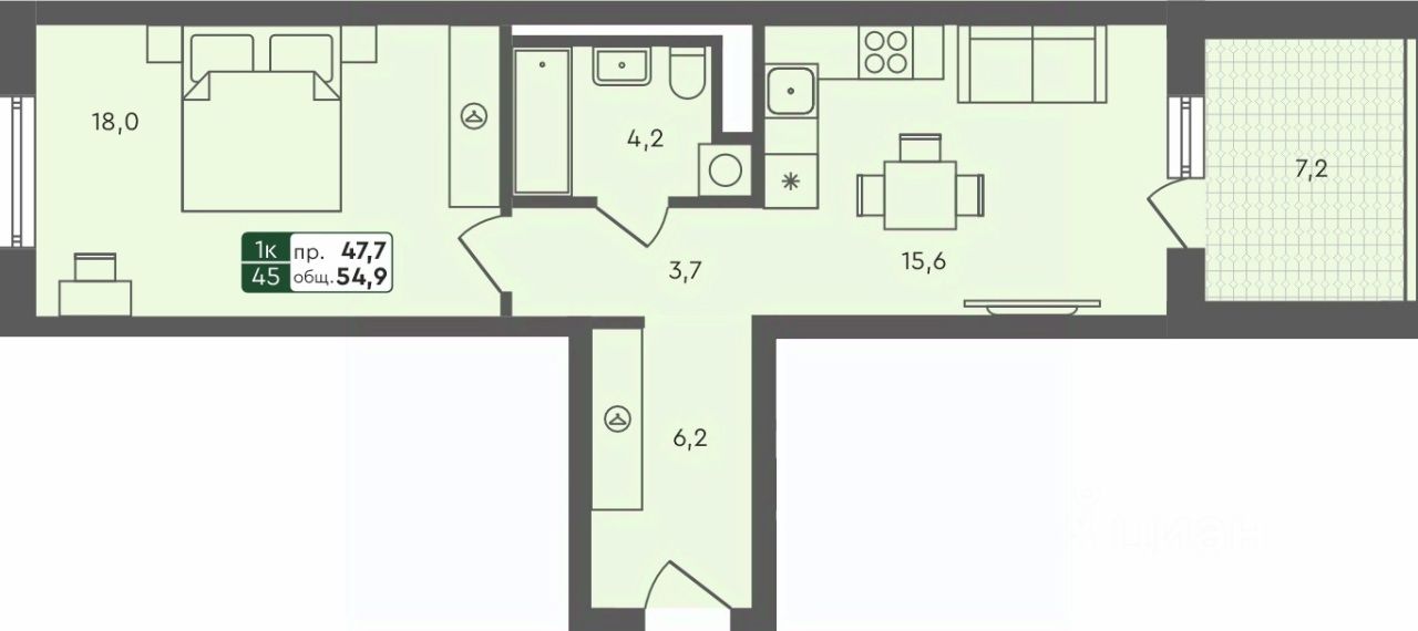 1-комн.кв., 54,9 м², 4/4 этаж
