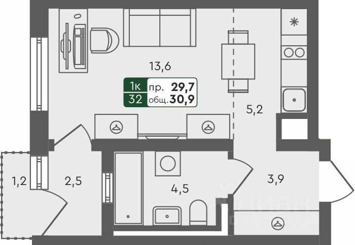 Студия, 30,9 м², 4/4 этаж