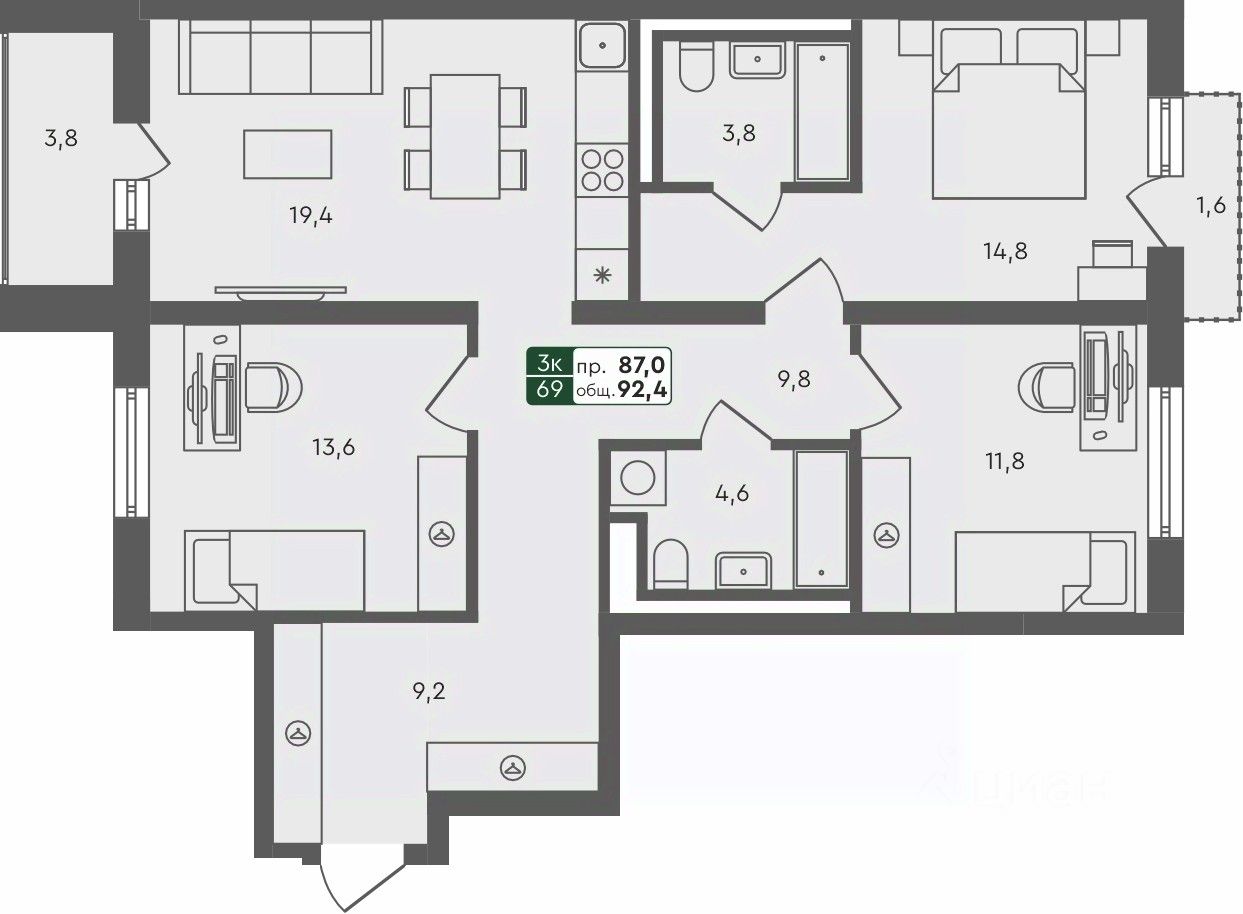3-комн.кв., 92,4 м², 3/4 этаж