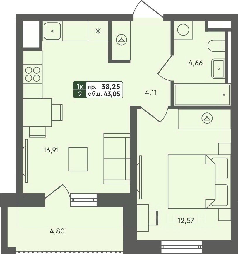 1-комн.кв., 43 м², 1/7 этаж