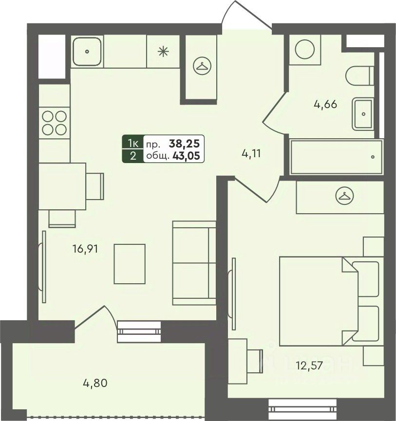 1-комн.кв., 43 м², 1/7 этаж