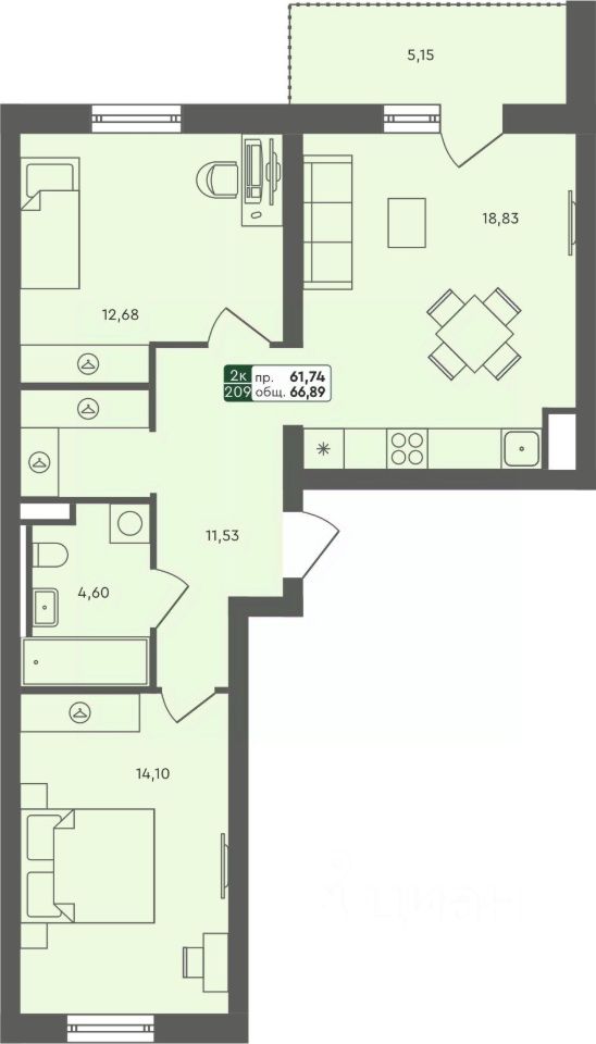 2-комн.кв., 66,9 м², 3/7 этаж