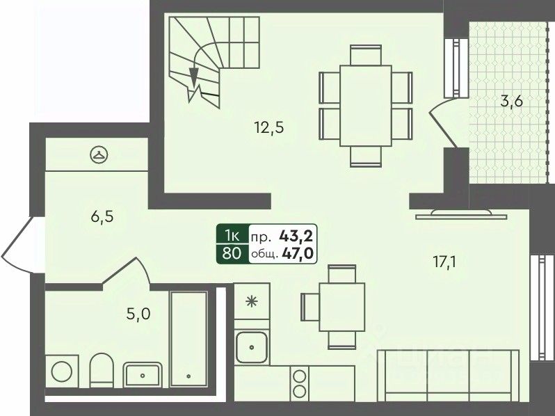 1-комн.кв., 61,1 м², 4/4 этаж