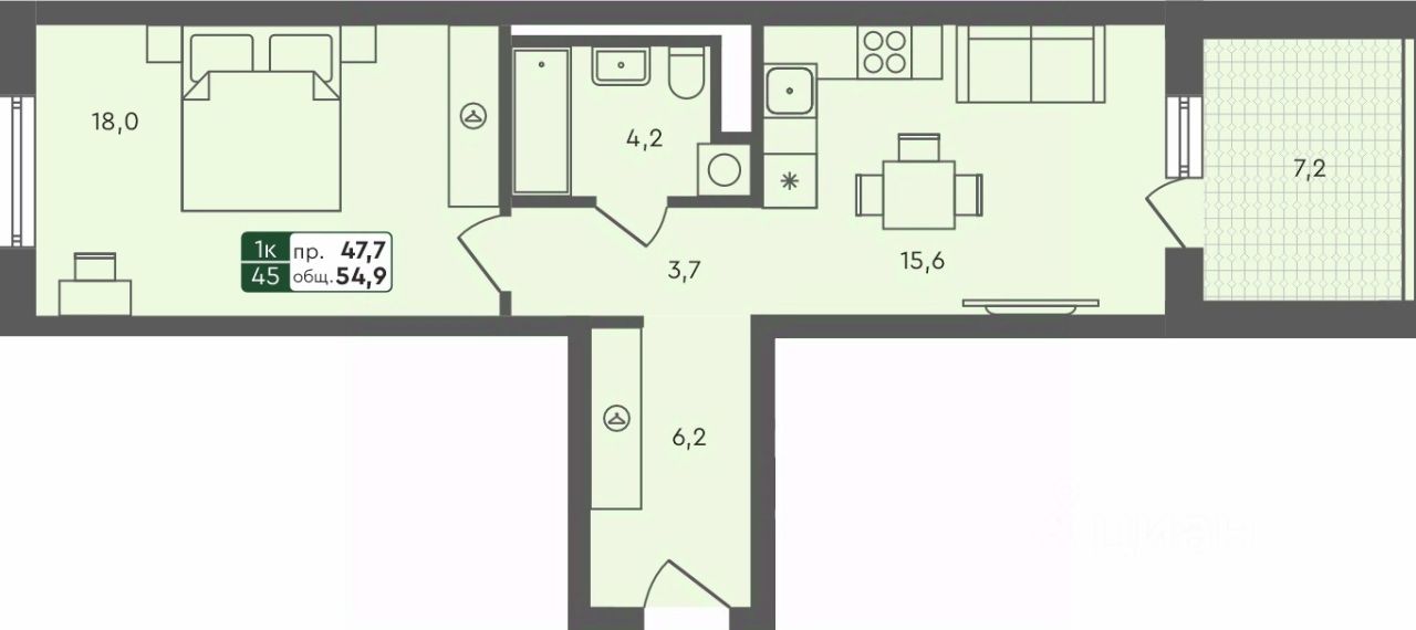 1-комн.кв., 54,9 м², 4/4 этаж