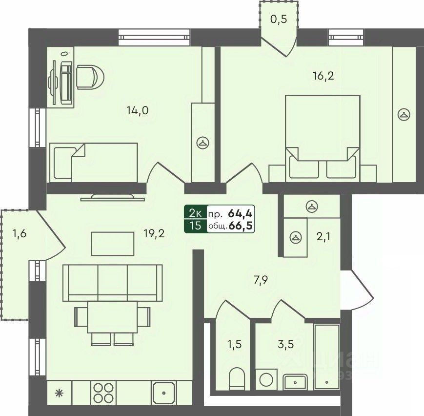 2-комн.кв., 66,5 м², 3/4 этаж