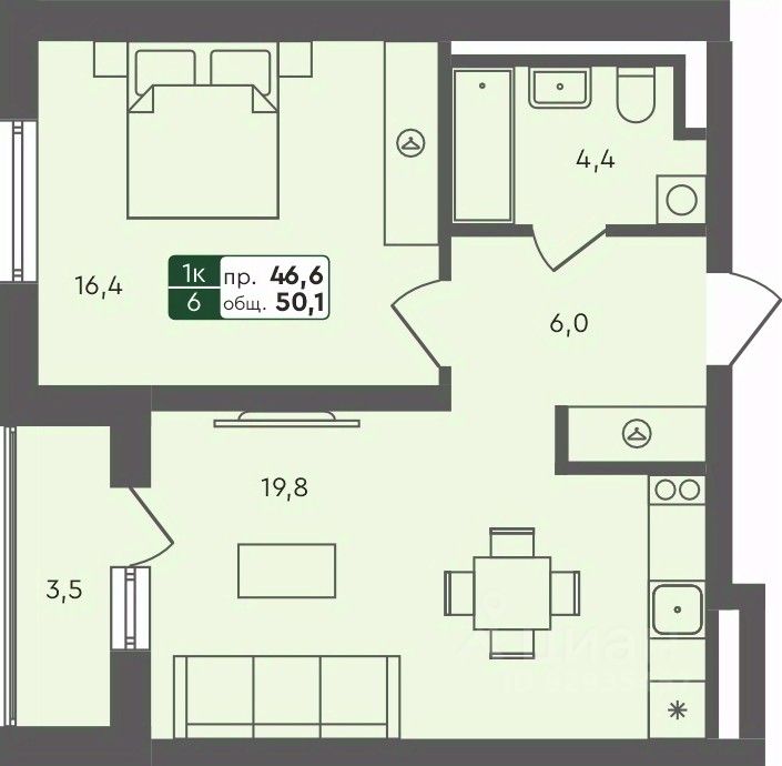 1-комн.кв., 50,1 м², 1/4 этаж