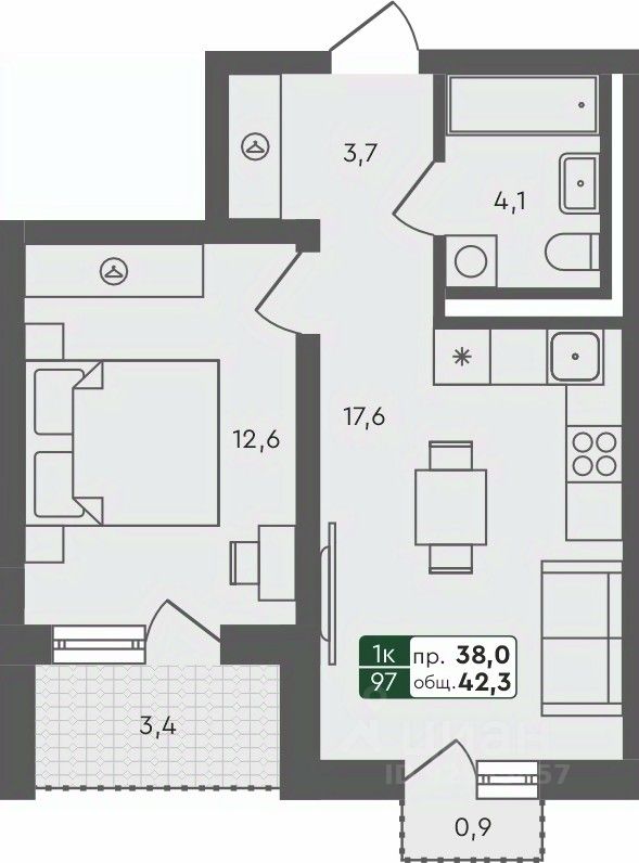 1-комн.кв., 42,3 м², 4/4 этаж