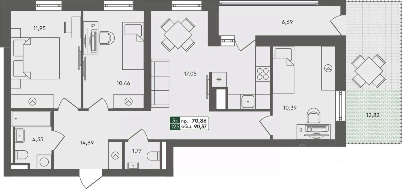 3-комн.кв., 90,4 м², 1/7 этаж
