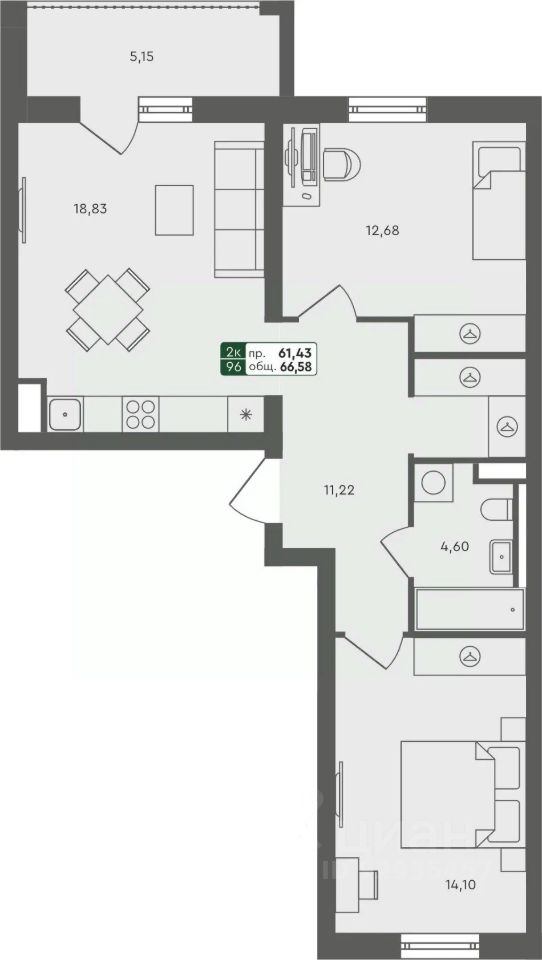2-комн.кв., 66,6 м², 6/7 этаж