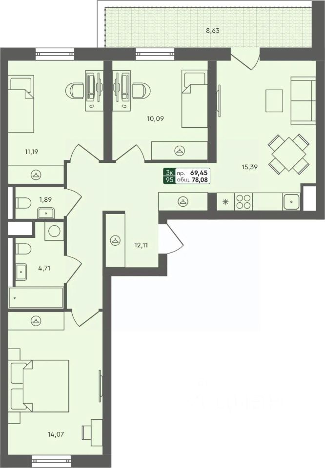 3-комн.кв., 78,1 м², 6/7 этаж