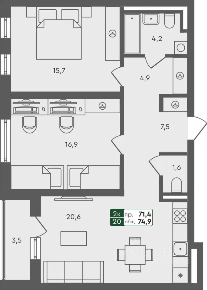 2-комн.кв., 74,9 м², 2/4 этаж