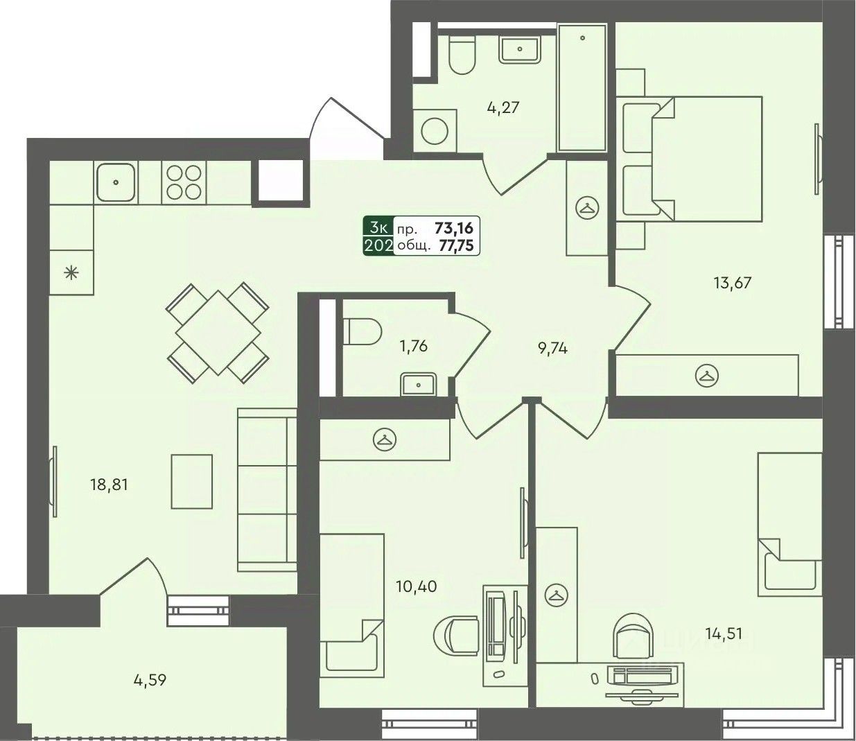 3-комн.кв., 77,8 м², 1/7 этаж