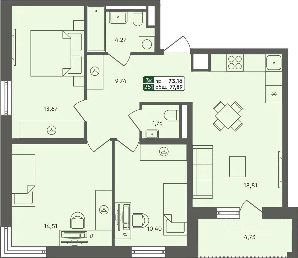 3-комн.кв., 77,9 м², 6/7 этаж