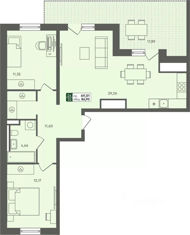 2-комн.кв., 86,9 м², 6/7 этаж