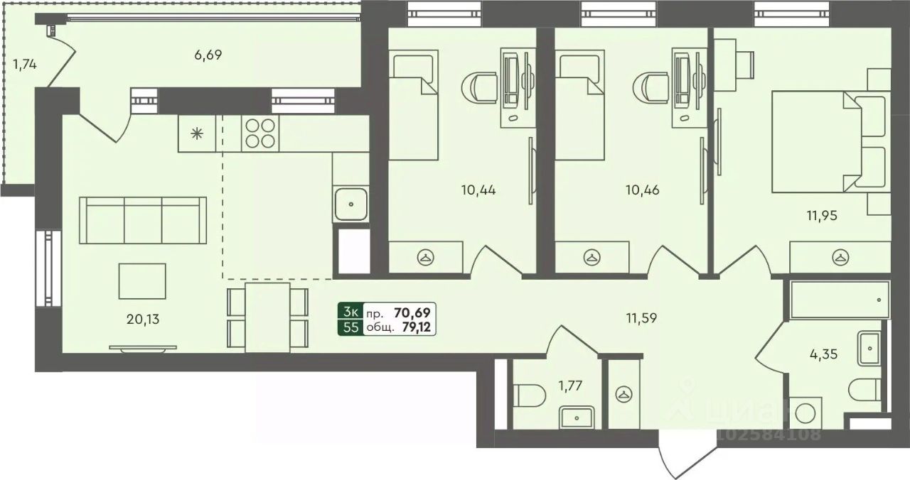 3-комн.кв., 79,1 м², 6/7 этаж
