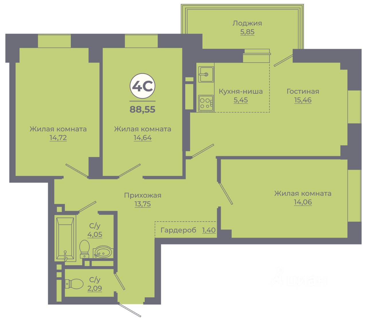 4-комн.кв., 88,5 м², 4/24 этаж