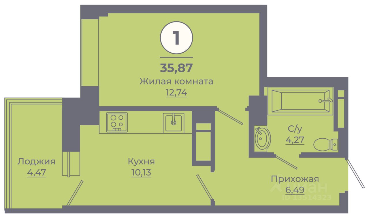 1-комн.кв., 34,8 м², 6/24 этаж