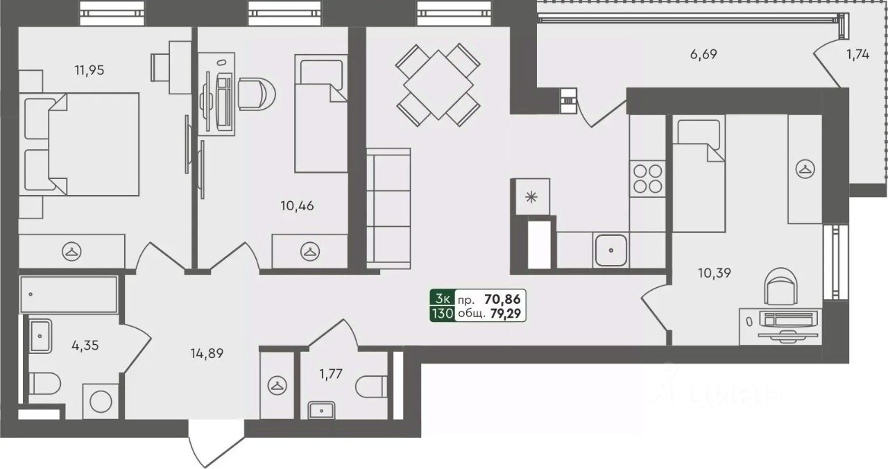 3-комн.кв., 79,3 м², 2/7 этаж