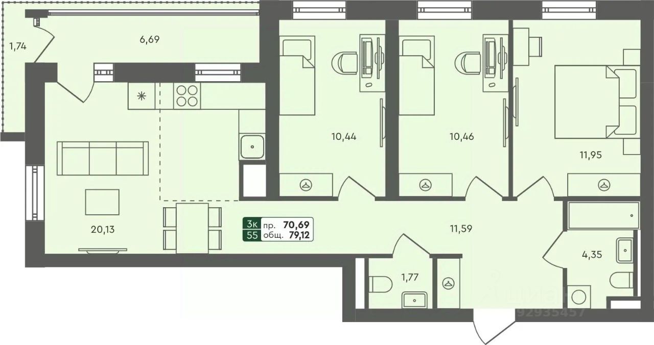 3-комн.кв., 79,1 м², 4/7 этаж