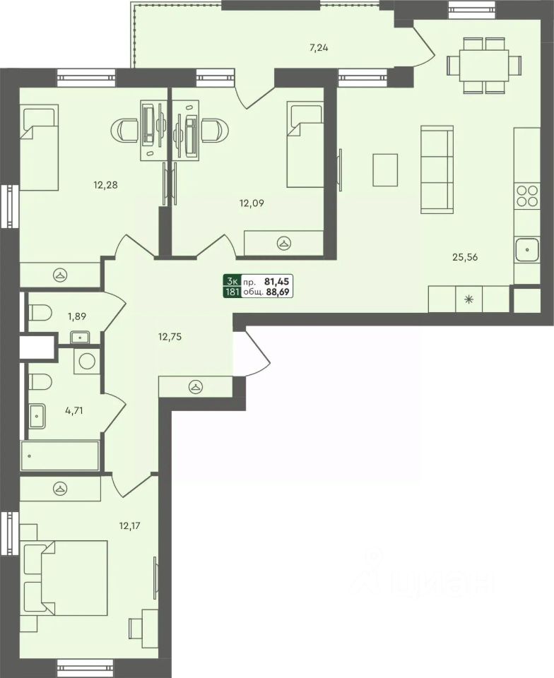 3-комн.кв., 88,7 м², 1/7 этаж