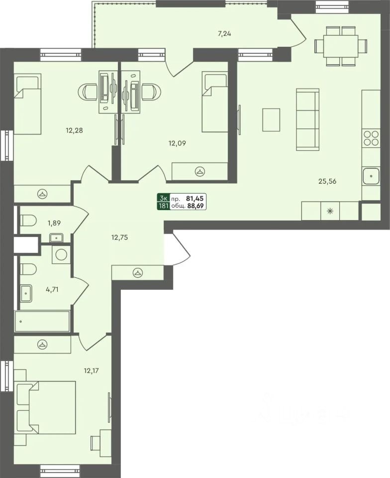 3-комн.кв., 88,7 м², 1/7 этаж