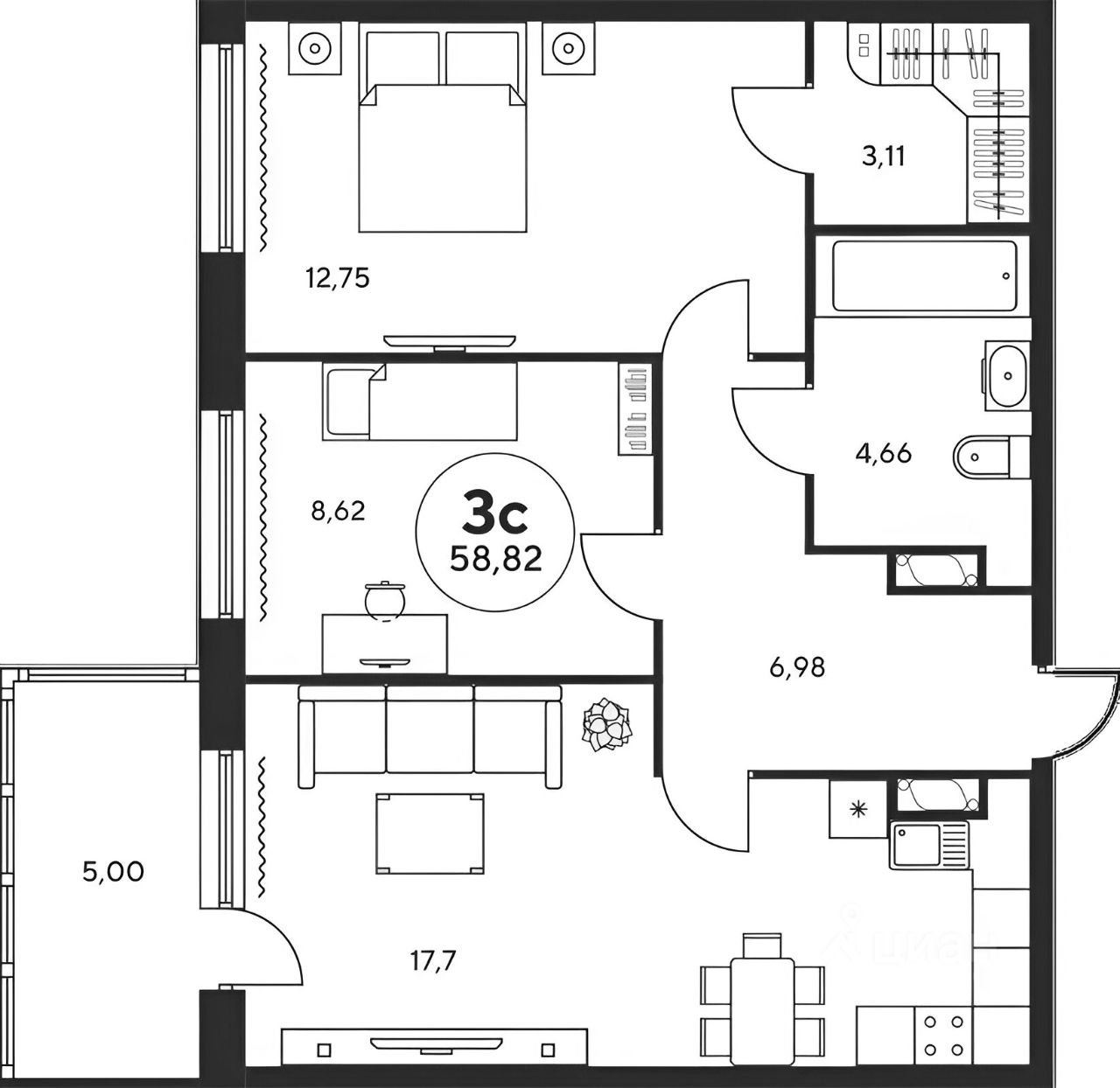 Планировка этой квартиры по данным Циан