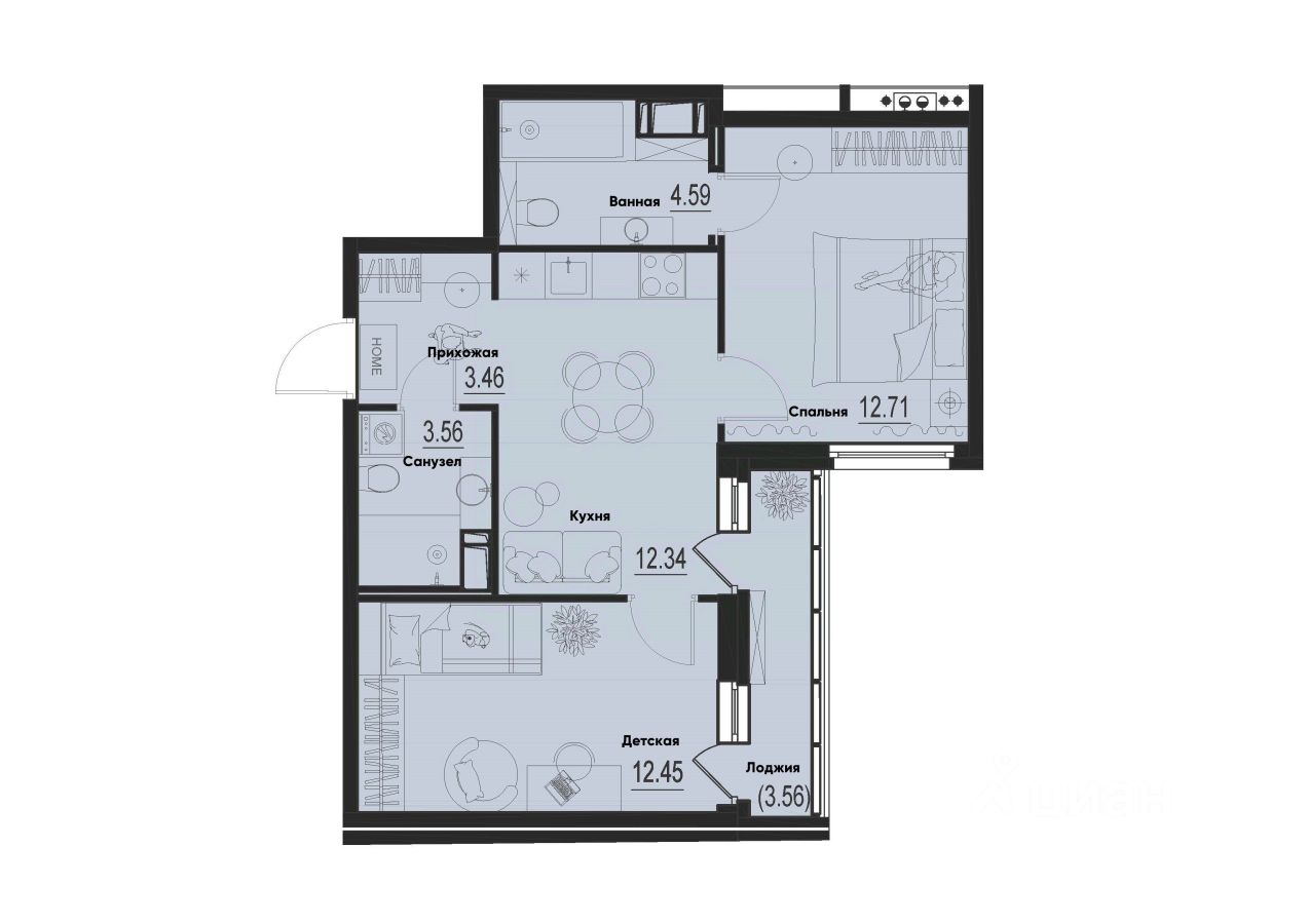 2-комн.кв., 50,9 м², 4/12 этаж
