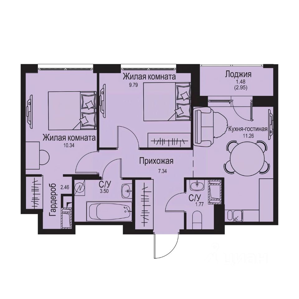 2-комн.кв., 47,9 м², 7/9 этаж