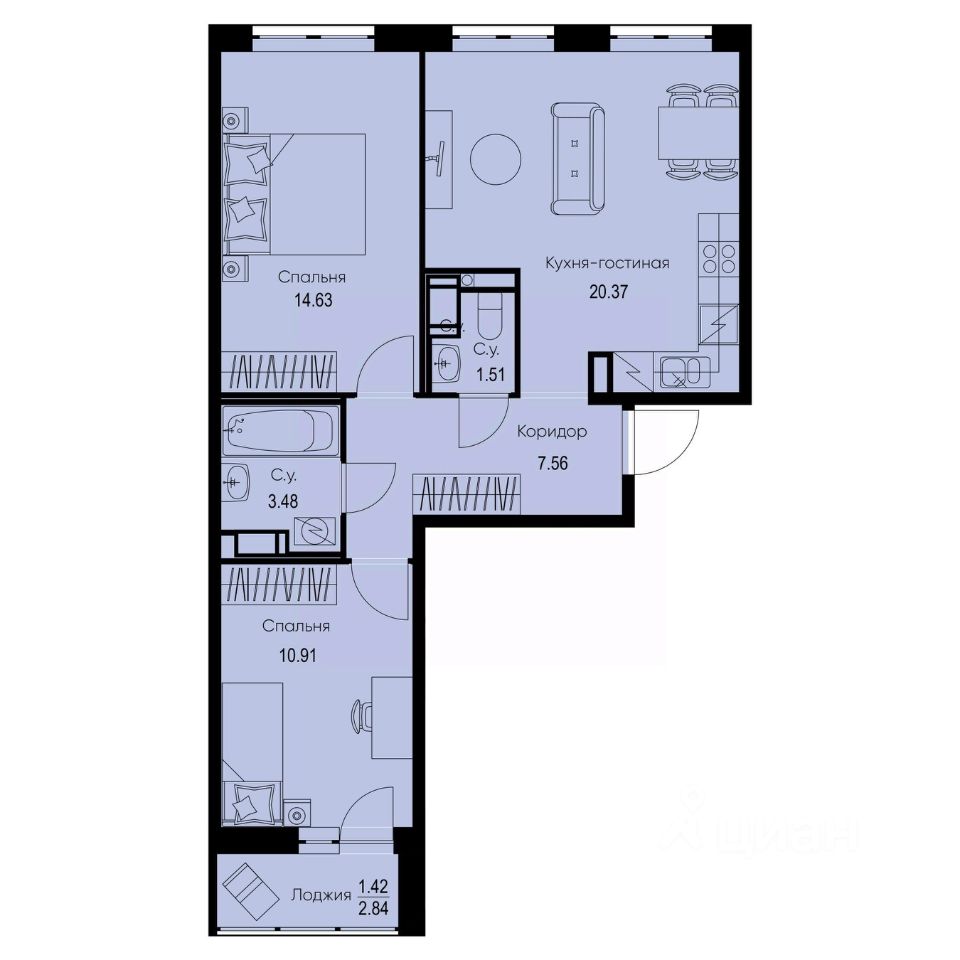2-комн.кв., 59,9 м², 8/9 этаж