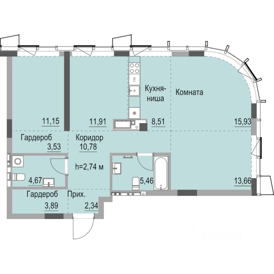 Студия, 95 м², 8/23 этаж