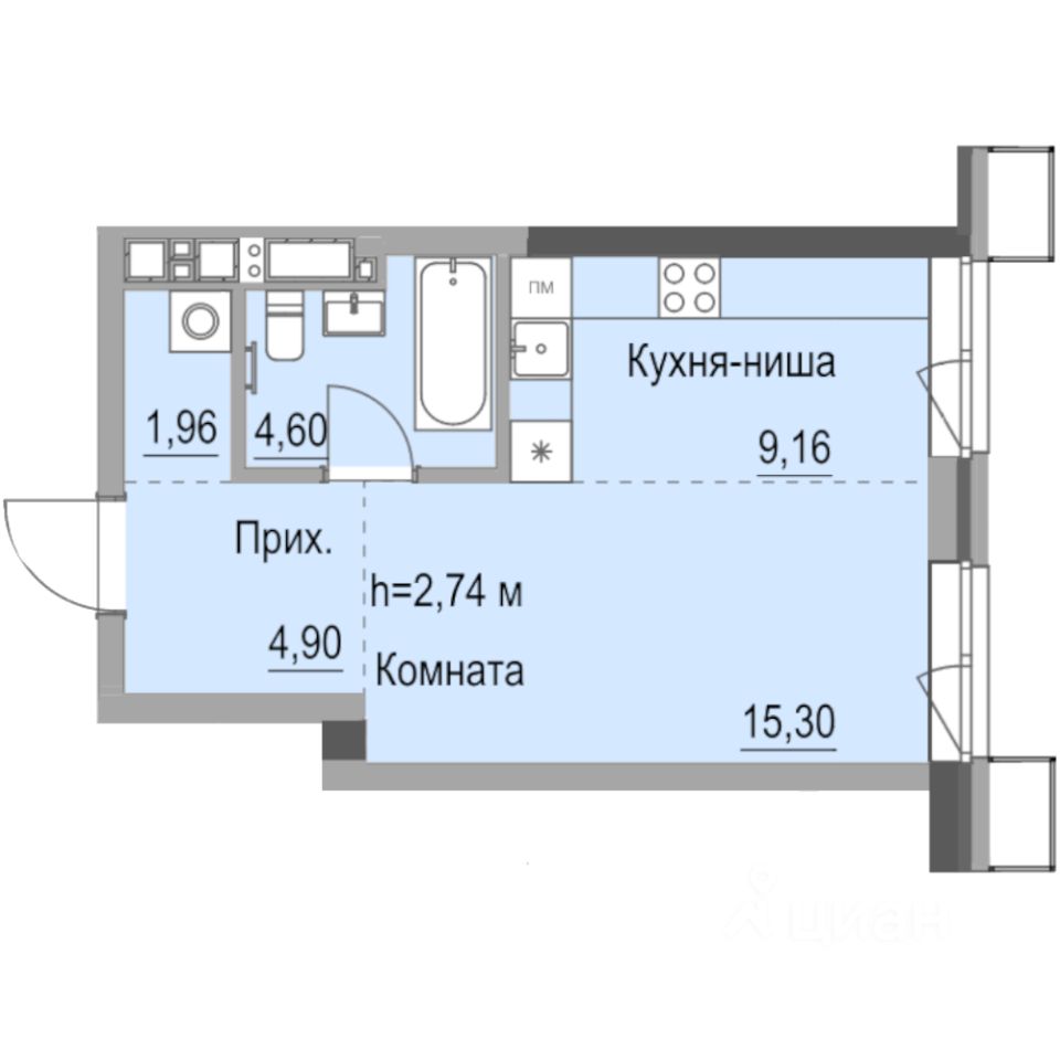 Студия, 36 м², 9/23 этаж