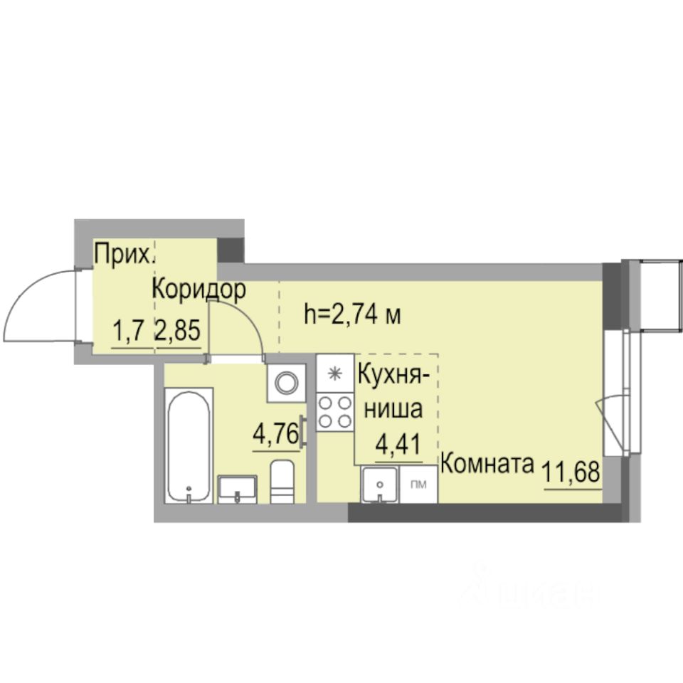 Студия, 25,4 м², 6/23 этаж