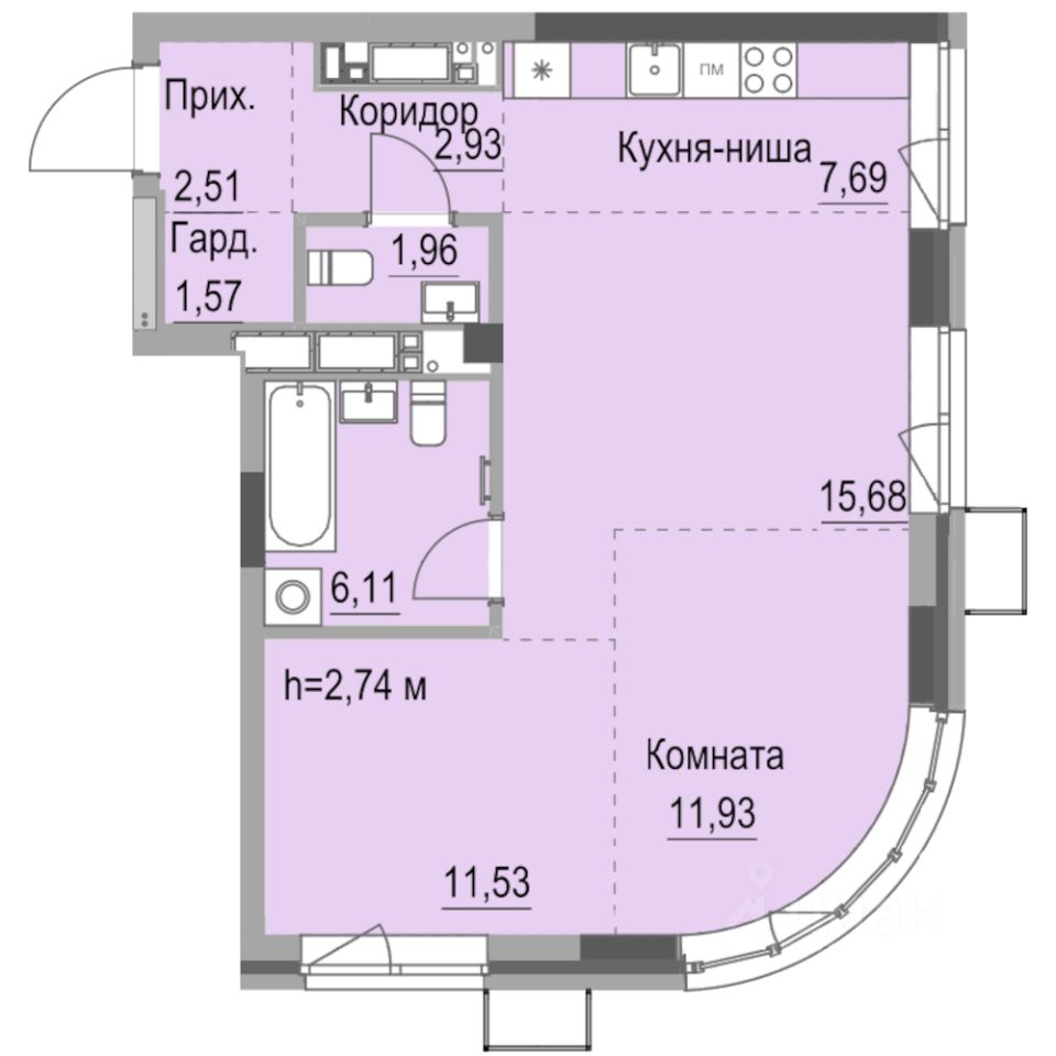Студия, 61,9 м², 7/23 этаж