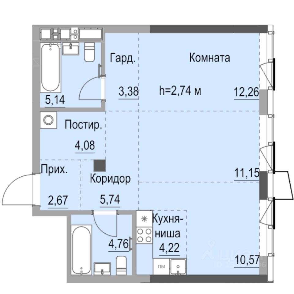 Студия, 64 м², 11/23 этаж
