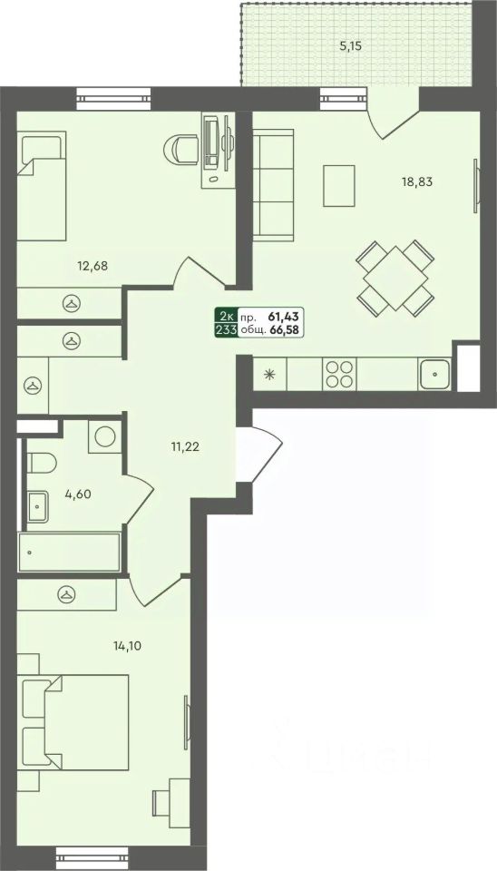 2-комн.кв., 66,6 м², 6/7 этаж