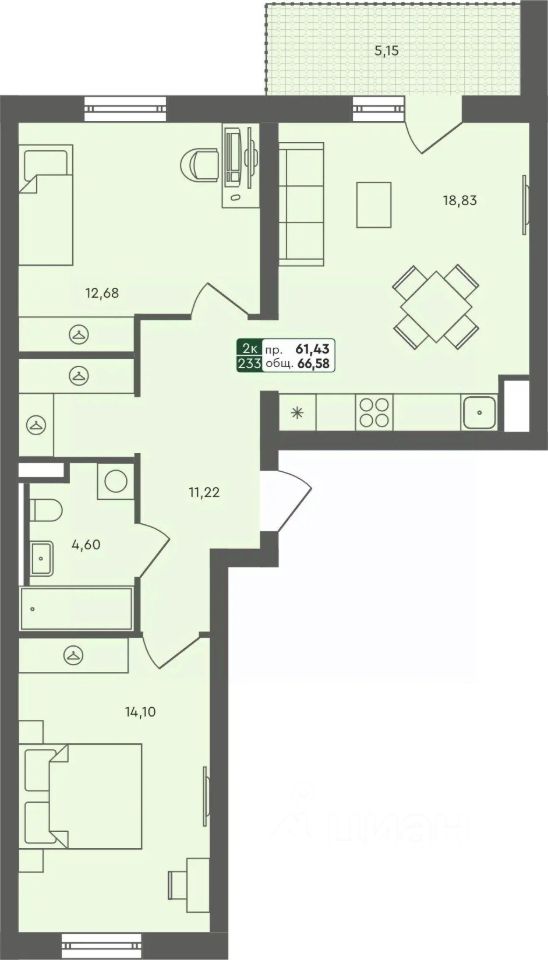 2-комн.кв., 66,6 м², 6/7 этаж